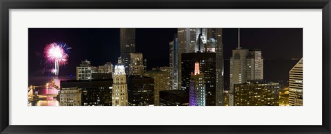 Framed Skyscrapers and firework display in a city at night, Lake Michigan, Chicago, Illinois, USA Print