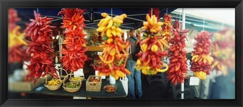 Framed Strands of chili peppers hanging in a market stall, Pike Place Market, Seattle, King County, Washington State, USA Print