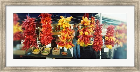 Framed Strands of chili peppers hanging in a market stall, Pike Place Market, Seattle, King County, Washington State, USA Print