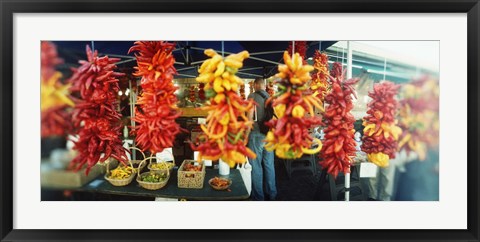 Framed Strands of chili peppers hanging in a market stall, Pike Place Market, Seattle, King County, Washington State, USA Print