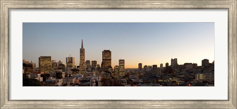 Framed Buildings lit up at dusk, Telegraph Hill, San Francisco, California, USA Print