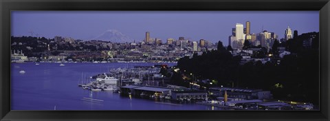 Framed City skyline at the lakeside with Mt Rainier in the background, Lake Union, Seattle, King County, Washington State, USA Print