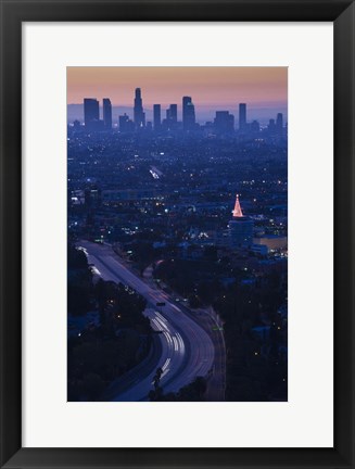 Framed High angle view of highway 101 at dawn, Hollywood Freeway, Hollywood, Los Angeles, California, USA Print