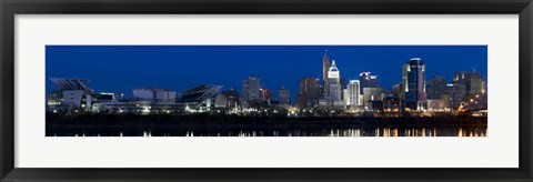 Framed Cincinnati skyline and John A. Roebling Suspension Bridge at twilight from across the Ohio River, Hamilton County, Ohio, USA Print