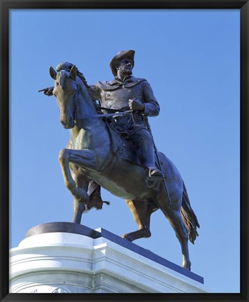 Framed Statue of Sam Houston pointing towards San Jacinto battlefield against blue sky, Hermann Park, Houston, Texas, USA Print