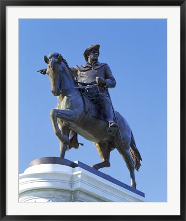 Framed Statue of Sam Houston pointing towards San Jacinto battlefield against blue sky, Hermann Park, Houston, Texas, USA Print