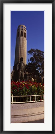 Framed Statue of Christopher Columbus in front of a tower, Coit Tower, Telegraph Hill, San Francisco, California, USA Print