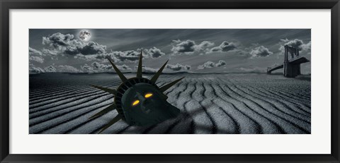 Framed Head of a statue with a broken bridge in the background on a dry river Print