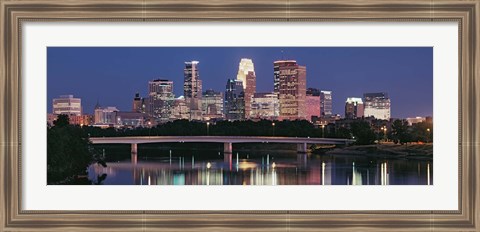 Framed Buildings lit up at night in a city, Minneapolis, Mississippi River, Hennepin County, Minnesota, USA Print