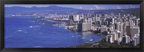 Framed High angle view of a city at waterfront, Honolulu, Oahu, Honolulu County, Hawaii Print