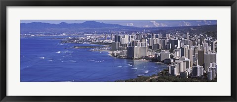 Framed High angle view of a city at waterfront, Honolulu, Oahu, Honolulu County, Hawaii Print