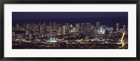 Framed High angle view of a city lit up at night, Honolulu, Oahu, Honolulu County, Hawaii Print