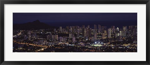 Framed High angle view of a city lit up at night, Honolulu, Oahu, Honolulu County, Hawaii, USA Print