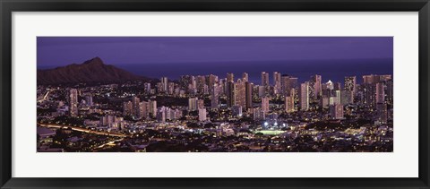 Framed High angle view of a city lit up at dusk, Honolulu, Oahu, Honolulu County, Hawaii Print