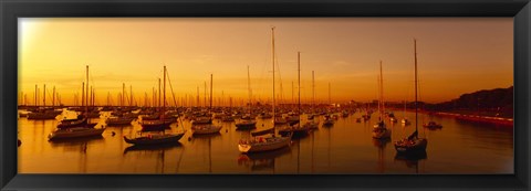 Framed Boats moored at a harbor at dusk, Chicago River, Chicago, Cook County, Illinois, USA Print