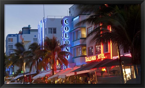 Framed Hotels lit up at dusk in a city, Miami, Miami-Dade County, Florida, USA Print