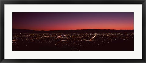 Framed City lit up at dusk (red sky), Silicon Valley, San Jose, California Print