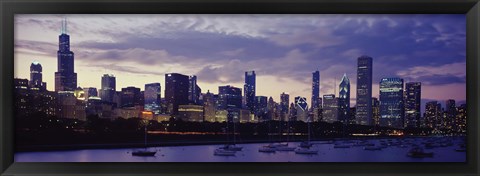 Framed Lake Michigan Waterfront with Purple Night Sky, Chicago, Illinois, USA Print