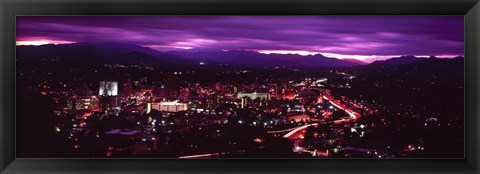 Framed Aerial view of a city lit up at night, Asheville, Buncombe County, North Carolina, USA 2011 Print