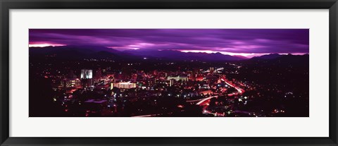 Framed Aerial view of a city lit up at night, Asheville, Buncombe County, North Carolina, USA 2011 Print