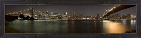 Framed Brooklyn Bridge and Manhattan Bridge across East River at night, Manhattan, New York City, New York State, USA Print