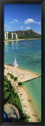 Framed Aerial view of a beach, Diamond Head, Waikiki Beach, Oahu, Honolulu, Hawaii, USA Print