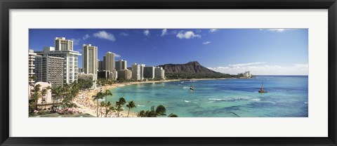 Framed Buildings along the coastline, Diamond Head, Waikiki Beach, Oahu, Honolulu, Hawaii, USA Print