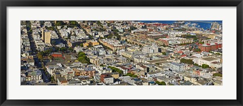 Framed Aerial view of buildings in a city, Columbus Avenue and Fisherman&#39;s Wharf, San Francisco, California, USA Print