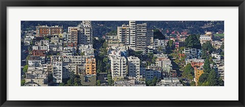 Framed Aerial view of buildings in a city, Russian Hill, Lombard Street and Crookedest Street, San Francisco, California, USA Print