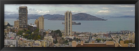 Framed Buildings in a city with Alcatraz Island in San Francisco Bay, San Francisco, California, USA Print