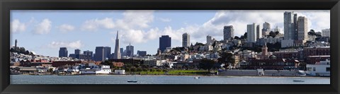 Framed Buildings at the waterfront, Transamerica Pyramid, Ghirardelli Building, Coit Tower, San Francisco, California, USA Print