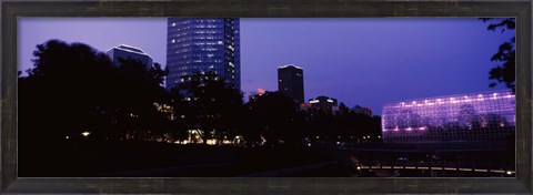 Framed Devon Tower and Crystal Bridge Tropical Conservatory at night, Oklahoma City, Oklahoma, USA Print