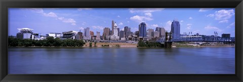 Framed Paul Brown Stadium with John A. Roebling Suspension Bridge along the Ohio River, Cincinnati, Hamilton County, Ohio, USA Print