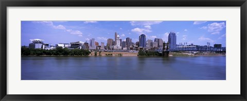 Framed Paul Brown Stadium with John A. Roebling Suspension Bridge along the Ohio River, Cincinnati, Hamilton County, Ohio, USA Print