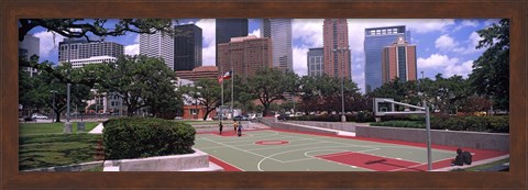 Framed Basketball court with skyscrapers in the background, Houston, Texas Print