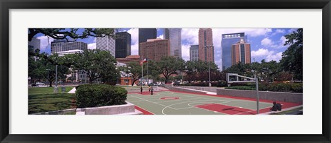 Framed Basketball court with skyscrapers in the background, Houston, Texas Print