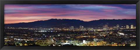 Framed High angle view of a city at dusk, Culver City, Santa Monica Mountains, West Los Angeles, Westwood, California, USA Print