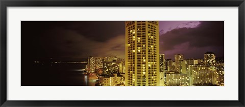 Framed Buildings lit up at night, Honolulu, Oahu, Hawaii, USA Print