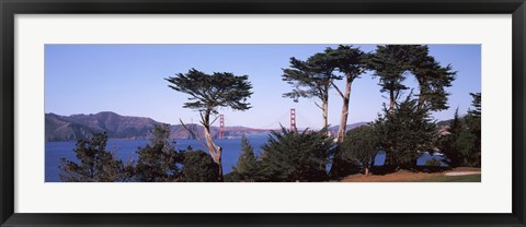 Framed Suspension bridge across a bay, Golden Gate Bridge, San Francisco Bay, San Francisco, California, USA Print