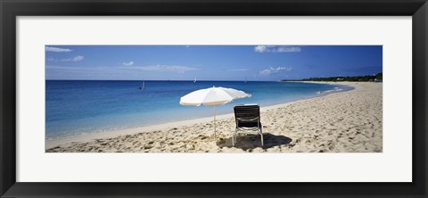 Framed Single Beach Chair And Umbrella On Sand, Saint Martin, French West Indies Print