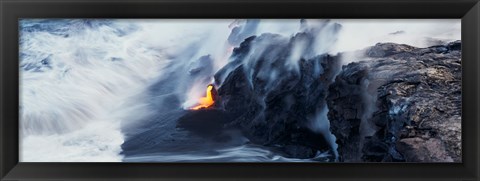 Framed High angle view of lava flowing into the Pacific Ocean, Volcano National Park, Hawaii, USA Print