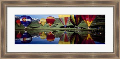 Framed Reflection of hot air balloons in a lake, Snowmass Village, Pitkin County, Colorado, USA Print