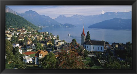 Framed VillageWeggis &amp; Lake Vierwaldstattersee, Switzerland Print