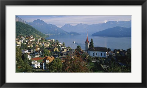 Framed VillageWeggis &amp; Lake Vierwaldstattersee, Switzerland Print