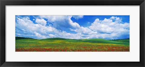 Framed Open Field, Hill, Clouds, Blue Sky, Tuscany, Italy Print