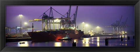 Framed Port, Night, Illuminated, Hamburg, Germany Print