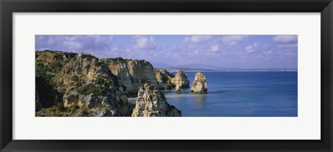 Framed Rock formations on the beach, Algarve, Portugal Print