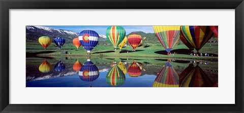 Framed Reflection Of Hot Air Balloons On Water, Colorado, USA Print