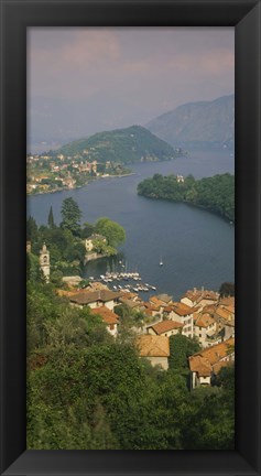 Framed High angle view of houses at the waterfront, Sala Comacina, Lake Como, Italy Print