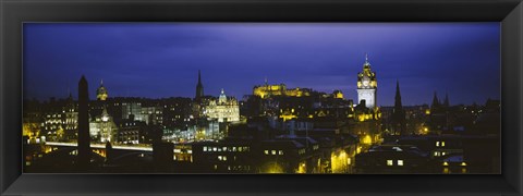 Framed High angle view of a city lit up at night, Edinburgh Castle, Edinburgh, Scotland Print